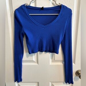 Blue Ribbed Long Sleeve Crop Top